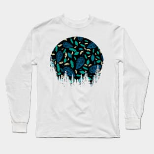 Exotic Turquoise Floral Pattern with Black Background Long Sleeve T-Shirt